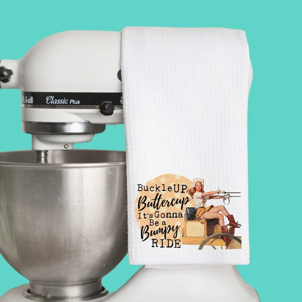 Vintage Pinup Waffle Weave Kitchen Towel Buckle Up Buttercup Bumpy Ride White